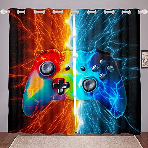 Loussiesd Jungen Spiele Blickdichte Vorhänge Blitz Gamepad Fenstervorhang 137x117cm Kinder Jugendliche Spleißen Videospiel Gamepad Vorhänge Spiel Regler Rot Blau von Loussiesd