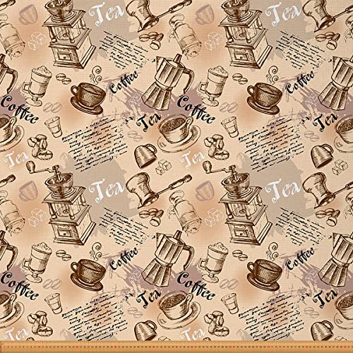 Loussiesd Kaffee Thema Stoff Meterware Jahrgang Espressomaschine Design Möbelstoff Retro Doodle Stil Dekorationsstoff für Heimwerkerprojekte Wasserdichter Stoff 184x150cm Hellbraun von Loussiesd