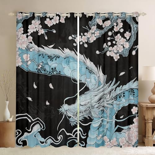 Loussiesd Kinder Drache Vorhänge 175x140cm Jungen Mädchen Loong Japanischer Stil Vorhänge Kirschblüten Fenstervorhang Japanische Ukiyoe Fenstervorhang von Loussiesd