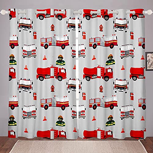 Loussiesd Kinder Feuerwehrmann Fenstervorhang 175x140cm Jungen Feuerwehr Feuerwehrmann Blickdichte Vorhänge Rotes Feuerwehrauto Fahrzeug Muster Vorhänge für Mädchen Schlafzimmer Dekor von Loussiesd