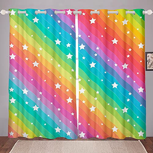 Loussiesd Kinder Mädchen Fenstervorhang 245x140cm Regenbogen Sterne Drucken Kleinkind Frauen Bunt Streifen Blickdichte Vorhänge Farbstreifen Dekorativ Vorhänge Mikrofaser von Loussiesd