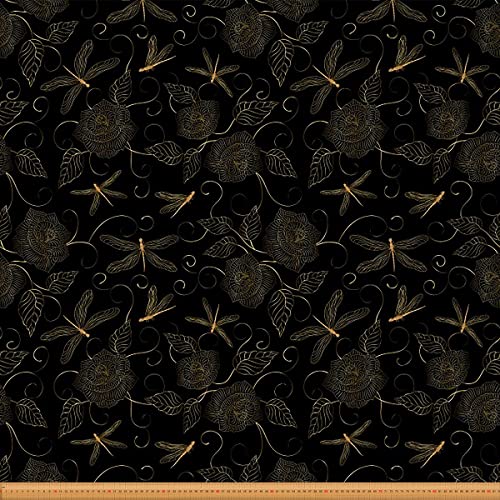 Loussiesd Libellen Möbelstoff luxuriöser Rosenblumenstoff Meterware dekorative Libelle bedruckter Dekorationsstoff für Polster und Heimwerkerprojekte Outdoor Stoff 184x150cm goldfarben schwarz von Loussiesd