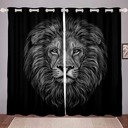 Loussiesd Löwe Fenstervorhang Grau Safari Drucken Vorhänge für Kinder Erwachsene 3D Wildtier Muster Blickdichte Vorhänge 183x117cm Wildlife Vorweise Schwarz Raumdekor Mit Tülle von Loussiesd