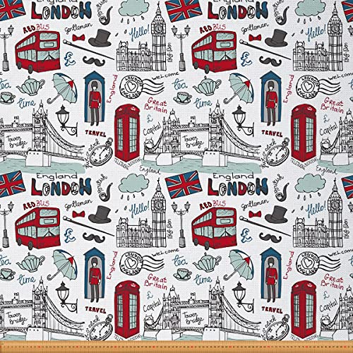 Loussiesd London Stoff Meterware Karikatur London Wahrzeichen Entwurf Illustration Polsterstoff für Stühle England Vintage Big Ben berühmte Telefonzelle dekorativer wasserdichter Stoff 184x150cm von Loussiesd