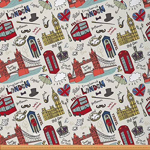 Loussiesd London Stoff Meterware Vintage England berühmte Stadtbild Polsterstoff für Stühle Big Ben Tower Bridge Telefonzelle dekorativer wasserdichter Stoff 276x150cm von Loussiesd