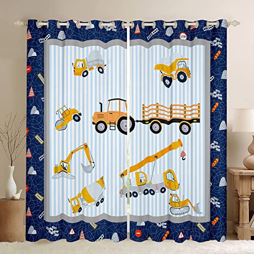 Loussiesd Niedlich Bagger Blickdichte Vorhänge Baugewerbe Fahrzeuge Vorhänge Cartoon Auto Fenstervorhang 183x117cm Blau Fenstervorhänge für Kinder Jungen Mädchen Erwachsene Dekorativ von Loussiesd