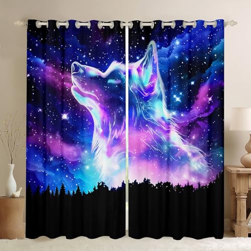 Loussiesd Nördlicher Lichtvorhang Buntes Galaxie-Wolf-Fenstervorhang Jugendliche Arktischer Wolf Blickdichte Vorhänge 137x117cm Kinder Sternenhimmel Aurora Heulender Wolf, Wildtier, Fenstervorhänge von Loussiesd