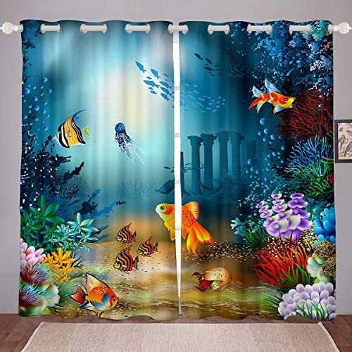 Loussiesd Ozean Blickdichte Vorhänge Meer Kreatur Fish Blumen Drucken Fenstervorhang 137x117cm für Kinder Jungs Mädchen Unterwasser Tier Vorhänge Leben im Meer von Loussiesd