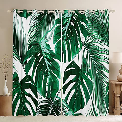 Loussiesd Palmblatt Drucken Vorhänge Tropische grüne Blätter Blickdichte Vorhänge Sommer Pflanzen Polyester Naturthema Weiß Grün Fenstervorhang 245x140cm für Kinder Erwachsene Jugendliche von Loussiesd