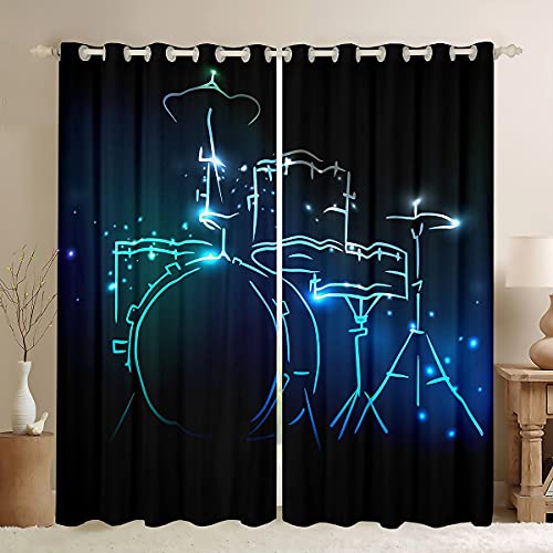 Loussiesd Rock Instrument Fenstervorhang 137x117cm Schlagzeug Blickdichte Vorhänge für Jungen Jugendliche Mann Musik Thema Kreative Fluoreszierende Vorhänge Mode Schlafzimmer Dekor Blau von Loussiesd