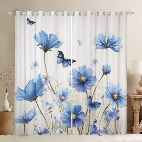 Loussiesd Schmetterling Vorhänge 260x140cm Vintage Blume Fenstervorhang Aquarell Malerei Blumendruck Blühend Blickdichte Vorhänge Niedlich Blauer Schmetterling für Kinder Mädchen Junge Gardinen von Loussiesd