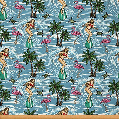 Loussiesd Tropischer Stoff Meterware Hawaiian Ozean Surfer Palme Möbelstoff für Stühle Sommer Meeresschildkröte Flamingo Dekorativer wasserdichter Outdoor Stoff 184x150cm Blau Grün von Loussiesd