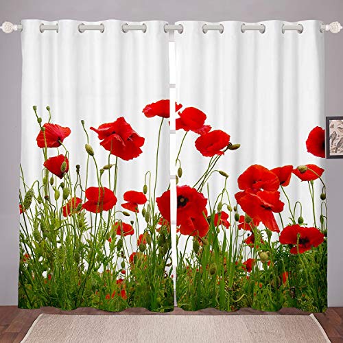 Mädchen Blumen Blickdichte Vorhänge Mohnblumen Blumen Fenstervorhang für Kinder Frauen Jugendliche Leuchtend rote Blume Vorhänge 175x140cm botanische Zweige Raumdekor von Loussiesd