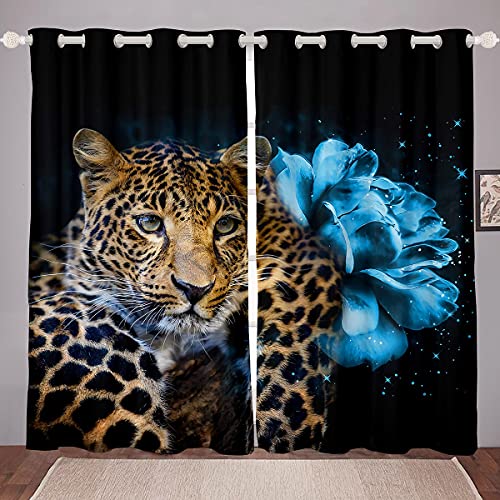 Mädchen Leopard Blickdichte Vorhänge Panther Gepard Dekor Fenstervorhang 183x117cm für Kinder Jungen Frauen Blassblau Rosenzweige Vorhänge Luxus Wild Tier Stil Zimmer Dekor von Loussiesd