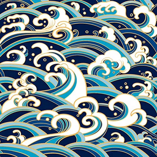 Loussiesd Ozean Wave Stoff Meterware, Japanese Hokusai Waves Polsterstoff für Stühle, Traditional Oriental Style Nautical Marine Meeresdruck Waterproof Outdoor Fabric, 92x150cm, Blau Gold von Loussiesd