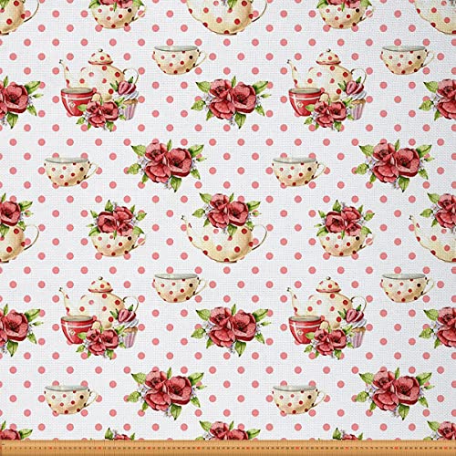 Loussiesd Teetassen Möbelstoff Meterware Jahrgang Polka Dots Blumen Möbelstoff für Stühle Nachmittagstee Stil Dekorativer wasserdichter Outdoor Stoff 92x150cm Rot Weiß von Loussiesd