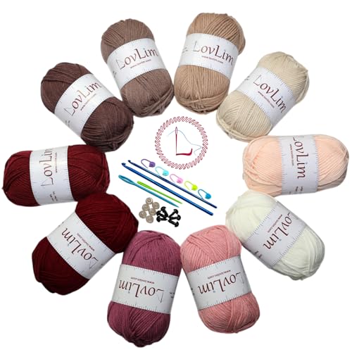 LovLim Häkelgarn, 10 x 50 g weiche Baumwollgarnknäuel, über 1200 Meter, zum Häkeln und Stricken, kostenlose Häkeln/Amigurumi-Muster, Craft DK-Garn, perfektes Starter-Set (rosa_braun) von LovLim