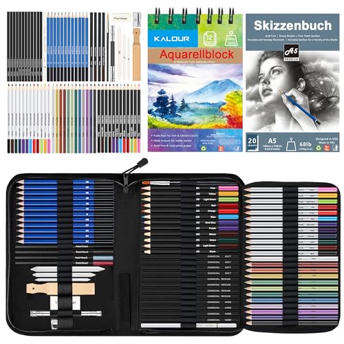 KALOUR 76-teiliges Zeichen- und Skizzierkit-Set: Künstlerbedarf mit Skizzenbuch, Aquarellpapier, Anleitung, Buntstiften, Aquarellfarben, Graphit-, Pastell- und Kohlebleistiften für Künstler,Anfänger von KALOUR