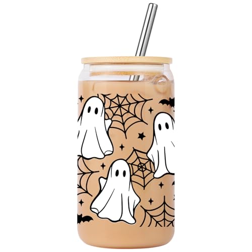 Lovearth Halloween-Geisterglas, 473 ml, Spinnennetz, Halloween-Glastasse mit Deckel und Strohhalm, niedliche Halloween-Fledermaus-Tasse, gruselige Geschenke, Boo Basket Stuffers für Frauen, Geschenke von Lovearth