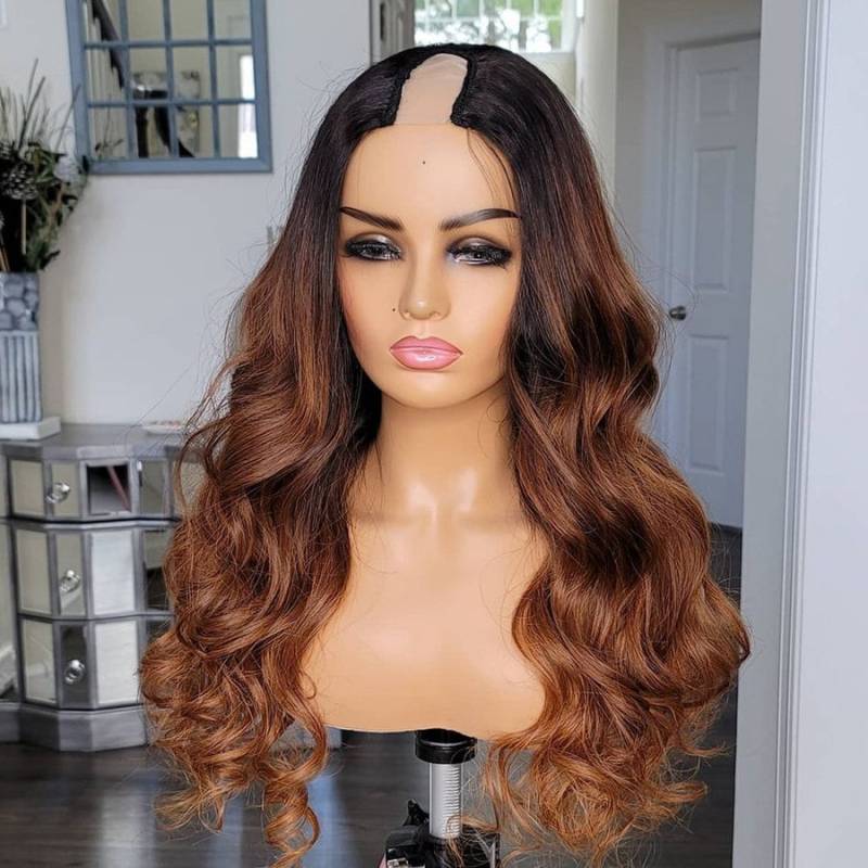 Ombre Braun Farbe U Part Perücke Menschlichen Haarkörper Welle 180% Dichte Peruanisch Remy Glueless Menschliche Haar Perücken Mitte Rechts Links von Lovehairwigs