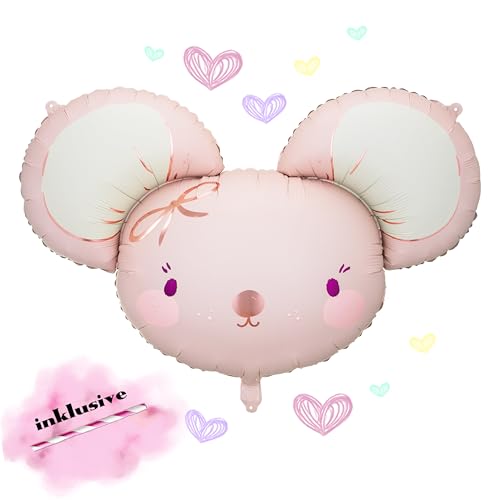 Folienballon süße XXL Maus Kindergeburtstag erster Geburtstag Mädchen Junge Deko Babyparty Geburt Baby Shower Dekoration Kinderzimmer Ballon Rosa CremeWIEDERVERWENDBAR (Folienballon Maus) von Lovely Balloon