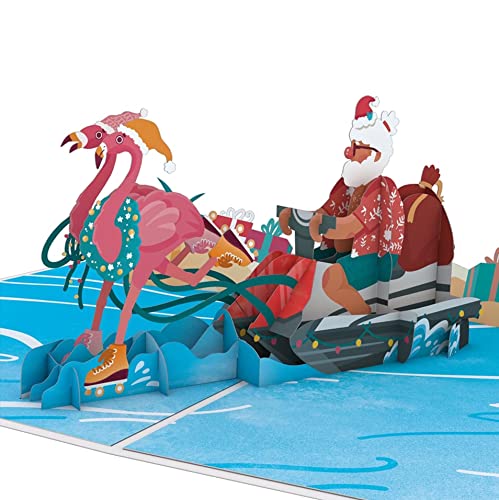 Lovepop® Flamingo Schlittenfahrt mit Weihnachtsmann | 3D Pop-Up Karte zu Weihnachten | besondere Weihnachtskarte, handgemachte Pop-up-Karte, 3D-Klappkarte | Urlaubsgrüße zum Fest von Lovepop