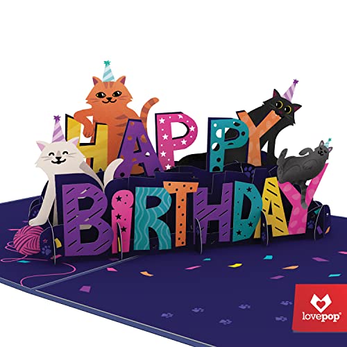 Lovepop® Happy Birthday Katzen 3D-Pop-Up-Karte – Geburtstags-Grußkarte mit Einsteckfach und Umschlag, handgemachte Pop-Up-Geburtstagskarte mit Katzen, 3D-Klappkarte für Kinder, Familie oder Freunde von Lovepop