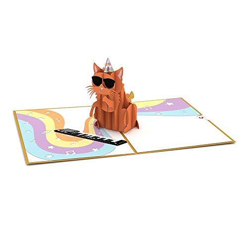 Lovepop Party Katze Pop-Up Geburtstags-Karte, 3D Grußkarte, Geschenk-Karte, Glückwunsch-Karte, 3D-Karte Regenbogen Katze mit Partyhut, Klappkarte von Lovepop