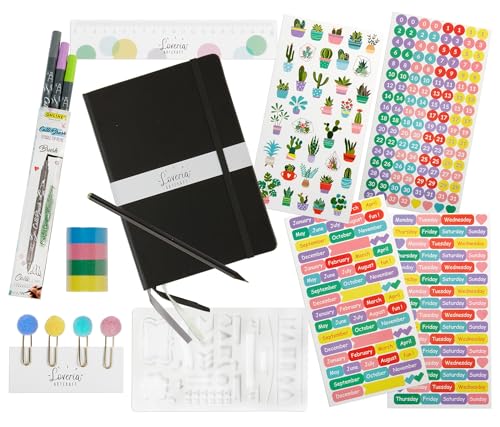 Loveria Bullet Journal Set mit Notizbuch und Stiften - A5 dotted schwarz 192 Seiten inkl 3 Stiften, über 250 Sticker, Washi Tape Klebeband, Büroklammern, Lineal und Bleistifte von Loveria