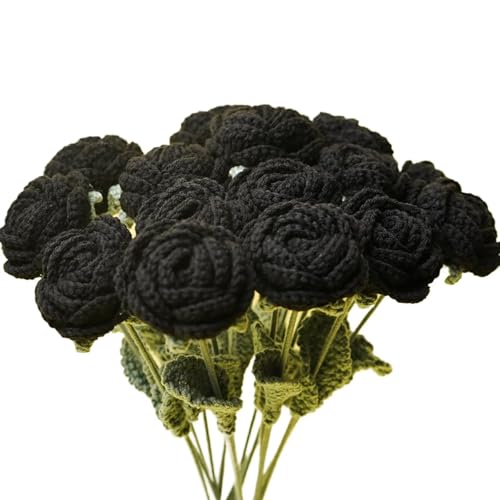 Lovmeety 6 Stück Rosen Häkelblumen, fertig gestrickte Blume, schwarz, handgefertigt, Strickrosen, Häkelblumen für Blumenarrangement, Hochzeit, Party, Zuhause, Vase, Halloween-Dekoration von Lovmeety