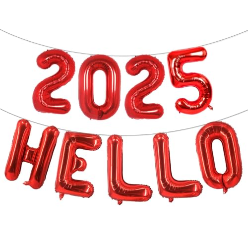 16 Zoll Rot 2025 Hello Ballons, Big 2025 Happy New Year Brief Ballons Folienballons Rot Luftballons für 2025 Happy New Year Eve Celebration Dekorationen Party Supplies Neujahr 2025 Luftballons Rot von Lovoir