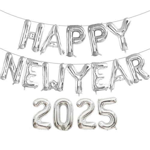 16 Zoll Silber 2025 Happy New Year Ballons, Big 2025 Happy New Year Brief Ballons Folie Silber Ballon für 2025 Happy New Year Eve Feier Dekorationen Party Neujahr 2025 Luftballons Silber von Lovoir