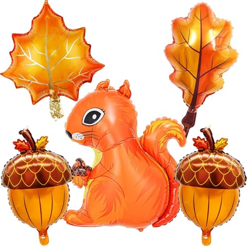 5 Stück Herbst-Thanksgiving-Ballons, Eichhörnchen-Luftballons, Ahornblätter, Tannenzapfen, Ballons, orange-gelb, Herbst-Themen-Party-Dekoration für Thanksgiving, Freundschaftsfeiern, Partyzubehör, von Lovoir