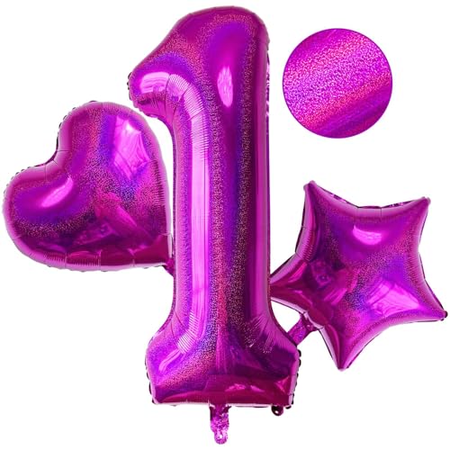 Laser Hot Pink Number 1 Balloons, 40 Inch Giant Pink Number Balloons Nylon Helium Hot Pink Number 1 Balloons for 1th Birthday Party Supplies Anniversary Event Celebration Decorations von Lovoir