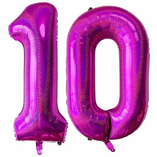 Laser Hot Pink Number 10 Balloons, 40 Inch Giant Pink Number Balloons Nylon Helium Hot Pink Number 10 Balloons for 10th Birthday Party Supplies Anniversary Event Celebration Decorations von Lovoir