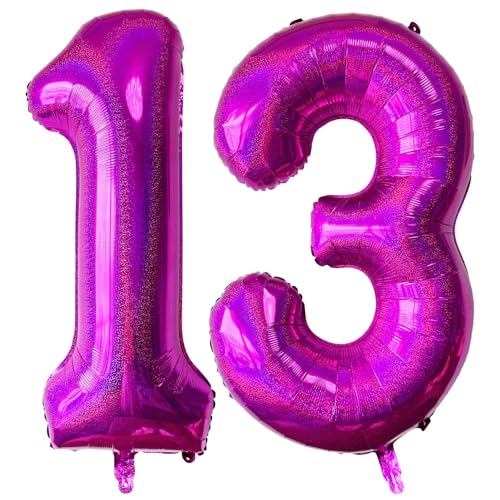 Laser Hot Pink Number 13 Balloons, 40 Inch Giant Pink Number Balloons Nylon Helium Hot Pink Number 13 Balloons for 13th Birthday Party Supplies Anniversary Event Celebration Decorations von Lovoir