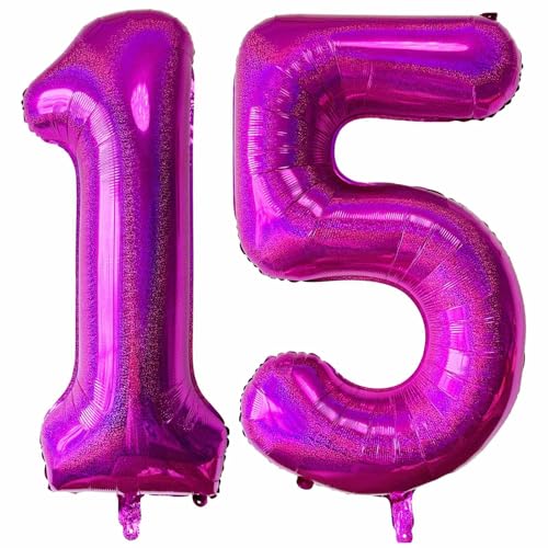 Laser Hot Pink Number 15 Balloons, 40 Inch Giant Pink Number Balloons Nylon Helium Hot Pink Number 15 Balloons for 15th Birthday Party Supplies Anniversary Event Celebration Decorations von Lovoir