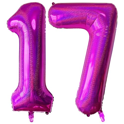 Laser Hot Pink Number 17 Balloons, 40 Inch Giant Pink Number Balloons Nylon Helium Hot Pink Number 17 Balloons for 17th Birthday Party Supplies Anniversary Event Celebration Decorations von Lovoir