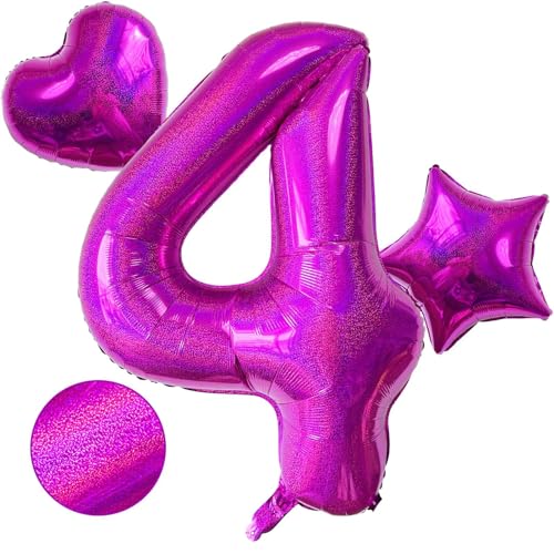 Laser Hot Pink Number 4 Balloons, 40 Inch Giant Pink Number Balloons Nylon Helium Hot Pink Number 4 Balloons for 4th Birthday Party Supplies Anniversary Event Celebration Decorations von Lovoir