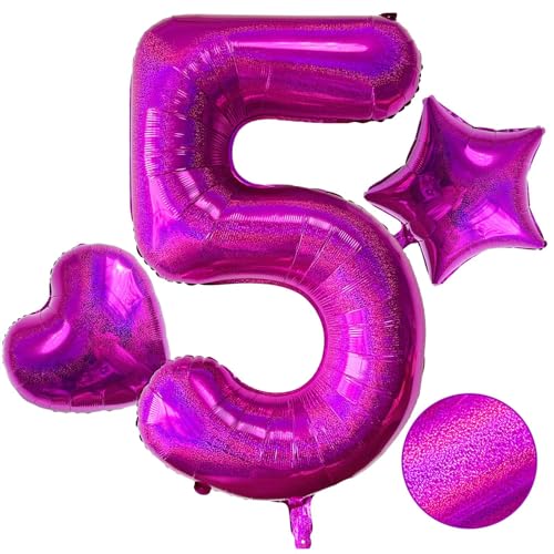 Laser Hot Pink Number 5 Balloons, 40 Inch Giant Pink Number Balloons Nylon Helium Hot Pink Number 5 Balloons for 5th Birthday Party Supplies Anniversary Event Celebration Decorations von Lovoir