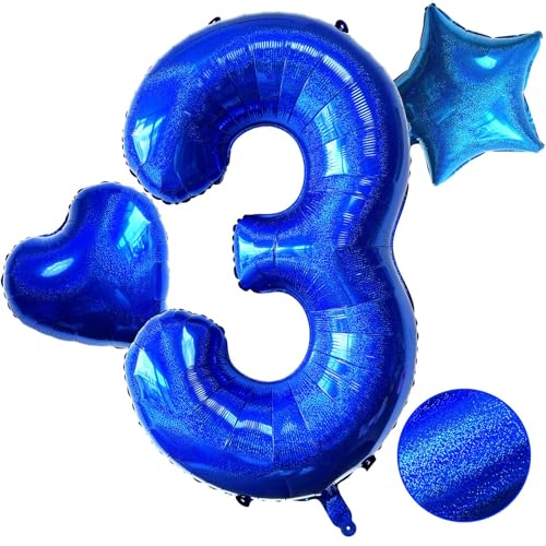 Laser Navy Blue Number 3 Balloons, 40 Inch Giant Blue Number Balloons Nylon Helium Dark Blue Number 3 Balloons for 3th Birthday Party Supplies Anniversary Event Celebration Decorations von Lovoir