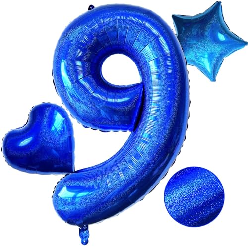 Laser Navy Blue Number 9 Balloons, 40 Inch Giant Blue Number Balloons Nylon Helium Dark Blue Number 9 Balloons for 9th Birthday Party Supplies Anniversary Event Celebration Decorations von Lovoir