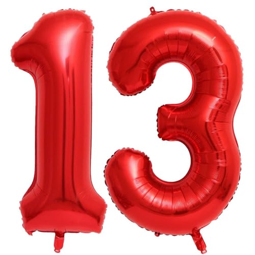 Rot 13 Zahlenballons, 101,6 cm, riesige Zahl 13, Folienballons, Mylar, Helium, rote Zahlenballons für 13. Geburtstag, Partyzubehör, Jahrestag, Event, Feier, Dekorationen von Lovoir