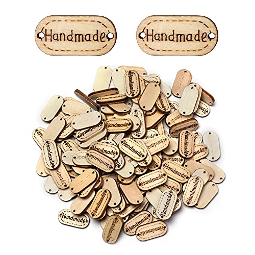 Lowats Handmade Label 300 Stück Holzknöpfe Handmade Knöpfe Handgemachte Tag Label Naturholz Hand Made Label Holzfarbe Holzknöpfe Nähen Etiketten für DIY Handwerk Handmade Kleidungszubehör von Lowats