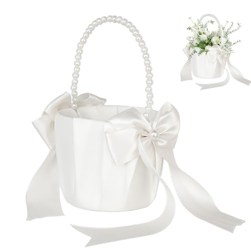 Lowats Hochzeit Blumenkorb Blumenmädchen Korb mit Bowknot Blumenkörbchen Weiß Blumenkinder Korb Blumenkinderkörbchen Satin Blumenkörbe Hochzeit Korb Streukörbchen Korb für Blumenkinder von Lowats