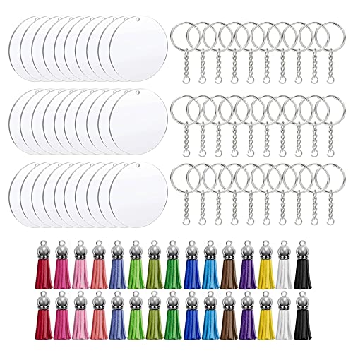 Lowats Plotter Rohlinge 30 Stück Acryl Schlüsselbund Set Acryl Transparent Kreis Schlüsselbund Set DIY Schlüsselanhänger Set mit Quasten Schlüsselbund Quasten Set Quasten Anhänger Schlüsselringe von Lowats