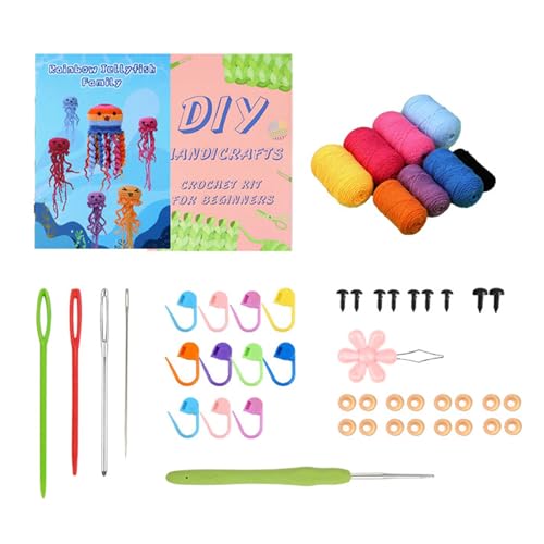 Loxyxbnh Häkelquallen-Set mit Garn, Häkelnadel, Strickmarker, Augen, Nadeleinfädler, Anleitung (evtl. nicht in deutscher Sprache) von Loxyxbnh