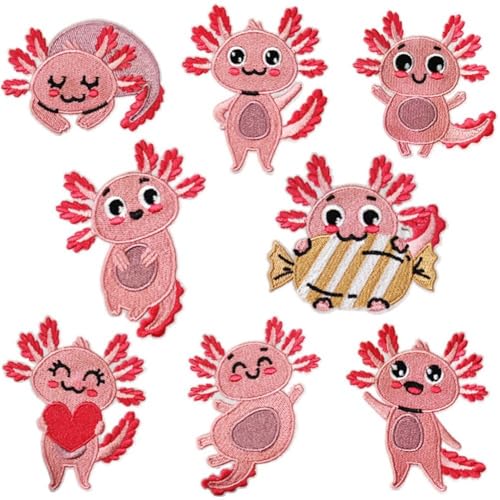 Stickerei-eisenflicken – Reparaturstreifen-applikation, Sew Mark Design Niedliche 8 Stück Axolotl-eisenflicken, Gestickte Patches Sew Streak-applikation, Markierung Für Jacken, T-shirts, Kleider von Lpitoy