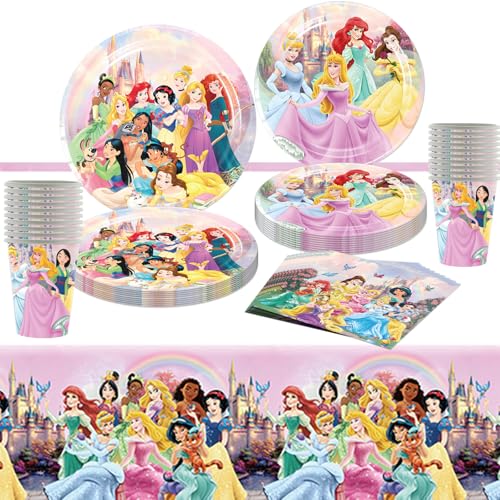 Prinzessin Partygeschirr, Prinzessin Party Supplies Set, Prinzessin Deko Gebutstag Geschirr Kit Dessert Teller Servietten Tassen Tischdecke, Kindergeburtstag Tischdeko (20 Gäste) von Lpkouenn