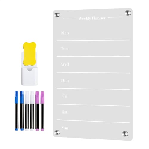 Lpsdssre Magnetisches Whiteboard aus Acryl für Kühlschrank – wöchentlich trocken abwischbare Mahlzeitenplanungstafel – transparenter Erinnerungsplaner mit Radiergummi und 6 Farbmarkern für von Lpsdssre